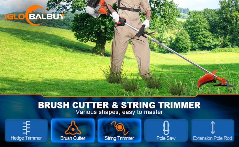 Iglobalbuy 52cc 2-Stroke 5 in 1 Garden Hedge Trimmer Combo, Gas Powered Long Reach Pole Saw Grass String Trimmer Brush Tree Cutter Pruner Weed Eater Multi Functional Garden Trimming Tools