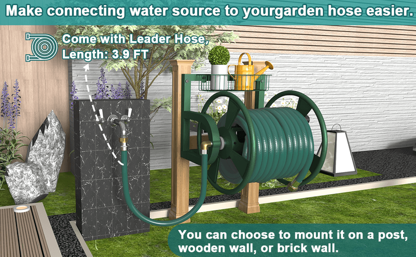 Garden Wall Mounted Hose Reel, Outdoor Heavy-Duty Water Hose Holder Winder, Holds 125 Feet of 5/8-Inch Hose, with 3.9 ft Leader Hose, Brass Fitting and Storage Basket for Yard, Green