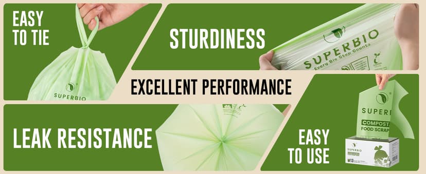 SUPERBIO 1.6 Gallon Handle Tie Compostable Food Scrap Bags For Counter Top Compost Bin, Small Compost Bags, 50 Count, 6 Liter, BPI & OK compost INDUSTRIAL Certified