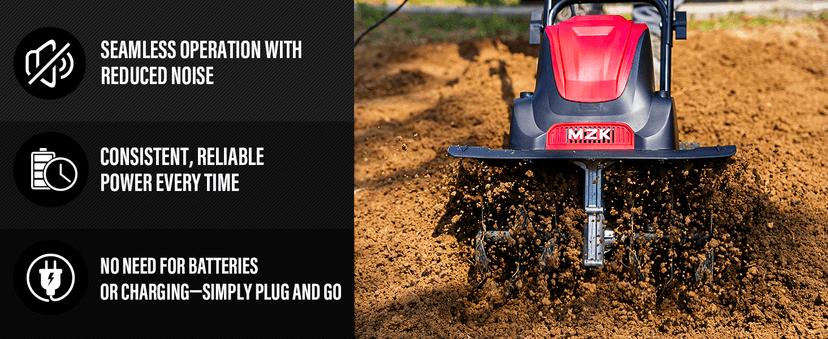 MZK 16-Inch 13.5-Amp Corded Electric Tiller/Cultivator, 8-inch tillling Depth with Adjustable Wheels, Foldable Electric Rototiller for Garden Soil Digging