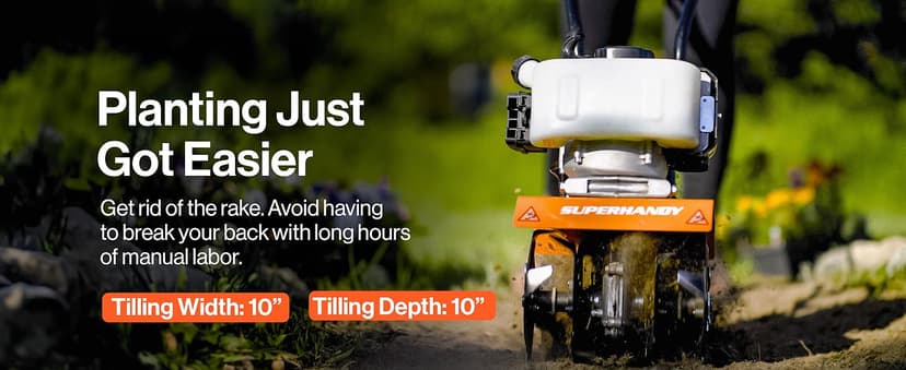 SuperHandy 52cc 2 Stroke Gas Mini Tiller Cultivator - 1.8HP, 4 Adjustable Steel Tines, Forward Rotation, 10" Tilling Width - Ideal for Garden, Lawn, Soil Cultivation, Weed & Digging