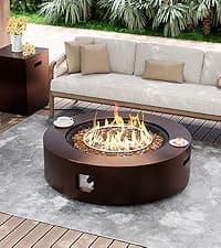 UPHA 42-inch Outdoor Propane Gas Fire Pit Table 50000 BTU Iron Round FirePit for Outside Patio with Tank Hidden Table, Removable Lid, Lava Rocks, Rain Cover, Grey
