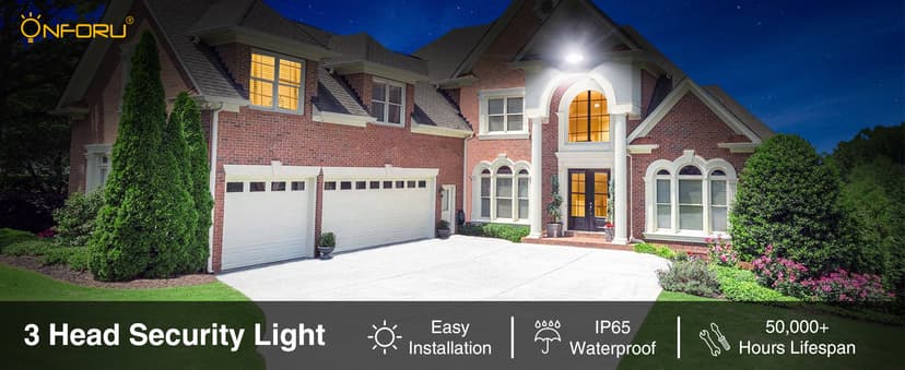 Onforu 60W Flood Lights Outdoor, 6000LM Brightness Security Lights Switch Controlled, 3 Adjustable Heads, IP65 Waterproof, 6500K Wall Mount Exterior LED Flood Light