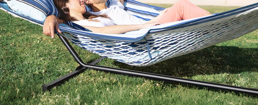 Double Hammock with Stand, 2 Person Cotton Rope Hammock with Removable Polyester Pad, 500LBS Capacity, Portable & Adjustable Design, Includes Storage Bag, Indoor Outdoor Use,White-Gray