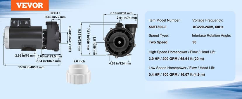 VEVOR 2 Speed SPA Pump, 56-Frame, AC 220V Hot Tub SPA Pump, 3 HP / 200 GPM / 65.61 ft High Speed or 0.4 HP / 100 GPM / 16.07 ft Low Speed, 2'' Port 90° Rotational Interface for Hot Tub