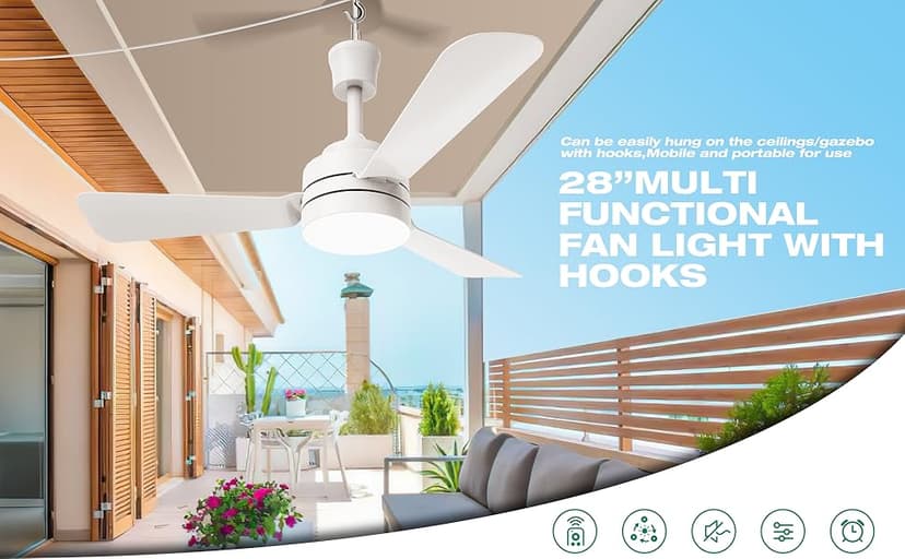 Ceiling Fans with Lights,28" LED Fan Light Hanging with Hook,Hook Type Ceiling Fan,Plug in Ceiling Fan Light,35W,3000-6500k,Remote Control,Portable Fan for Camping Bed,Patios,(Black)