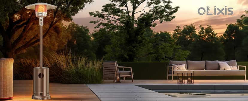 OLIXIS 48,000 BTU Propane Heaters with Wheels, Patio Heater Outdoor with Round Table Design, For Deck Porch Garden Commercial Residential, 17.7 x 17.7 x 87 inches (LxWxH)