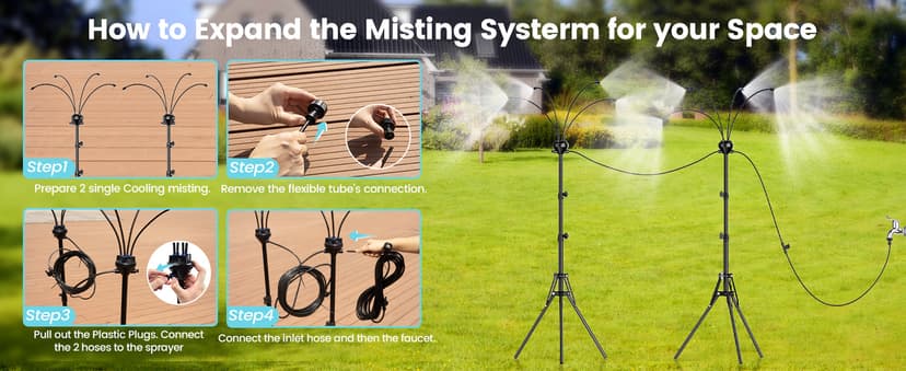 Standing Misters for Outside Patio - Adjustable 5.3FT Portable Misting System Cooling Outdoor 32.8Ft Stand Misting Long Water Line for Kids Mist Playing, Patio Cooling, Backyard, Porch, Sprinkler