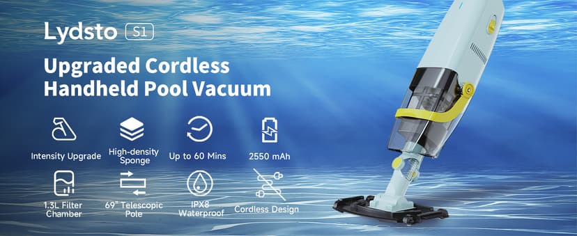 (2025 Upgraded) Cordless Handheld Pool Vacuum, Rechargeable Pool Cleaner with Telescopic Pole and Fine-Sponge, Powerful Suction, Ideal for Above & In-Ground Pools, Spas, Hot Tubs, Yellow