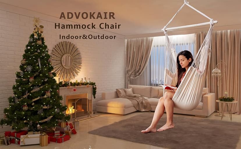 ADVOKAIR Hammock Chair Swing (500 lbs Max) - Hanging Hammock Chair Rope Swing Indoor for Bedroom, Outdoor, Patio, Bedroom, Porch, Deck - Sturdy Steel Bar with Anti-Slip Safety Rings