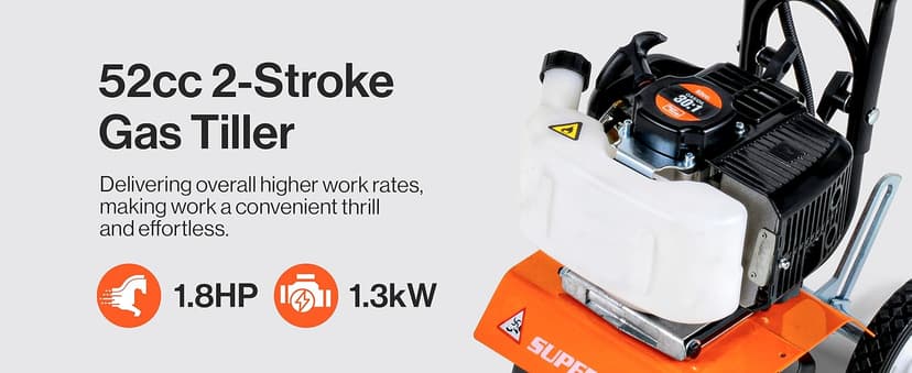 SuperHandy 52cc 2 Stroke Gas Mini Tiller Cultivator - 1.8HP, 4 Adjustable Steel Tines, Forward Rotation, 10" Tilling Width - Ideal for Garden, Lawn, Soil Cultivation, Weed & Digging