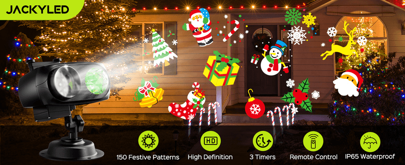 JACKYLED Christmas Projector Light, Outdoor 2-in-1 HD Holiday Projector Light Outdoor with Remote Control, Timers, IP65 Waterproof (15 Slides, 10 Colors)