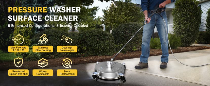 14" Pressure Washer Surface Cleaner with 4 Wheels - Stainless Steel Surface Cleaner for Pressure Washer Attachment for Concrete, Patio, Sidewalk, Deck and Driveways - PWS14