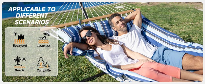 Double Hammock with Stand, 2 Person Cotton Rope Hammock with Removable Polyester Pad, 500LBS Capacity, Portable & Adjustable Design, Includes Storage Bag, Indoor Outdoor Use,White-Gray