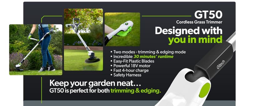 Gtech GT50 Grass Trimmer | Lightweight Cordless Strimmer | Powerful 9000 RPM | 120cm Reach | 18V Lithium Battery 30 Mins Runtime | 20 Blades