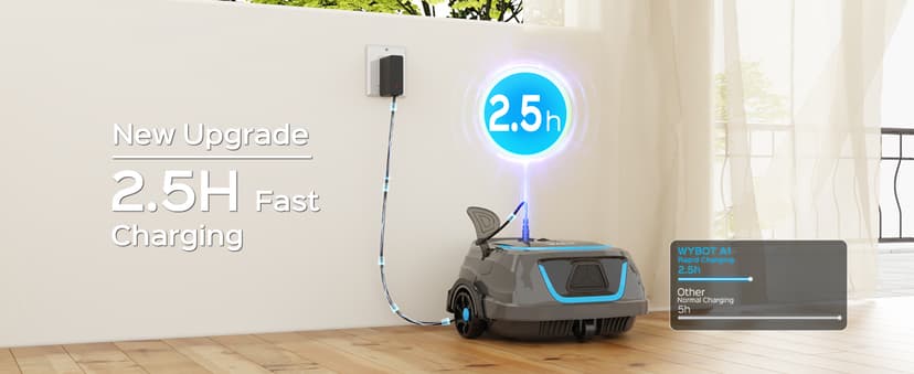 WYBOT A1 Cordless Robotic Pool Cleaner, Automatic Pool Vacuum with 120 Mins, Double Filters, LED Indicator, Fast Charging, Ideal for Above Ground & In-ground Flat Pools - Blue & Grey