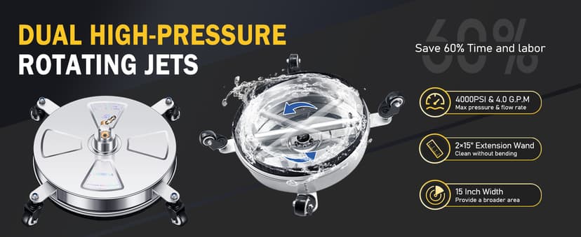 15" Pressure Washer Surface Cleaner with 4 Wheels - Stainless Steel Surface Cleaner for Pressure Washer Attachment for Concrete, Patio, Sidewalk, Deck, Driveways and Daily Washing - PWS 15