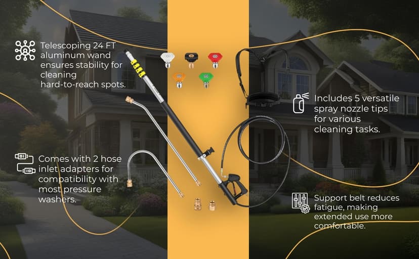 24 FT Telescoping Pressure Washer Wand Extension, Aluminum Power Washer Extension Wand with 7 Nozzle Tips, 3 Adapters & Support Harness, Gutter Cleaning Tools for 2 Story House