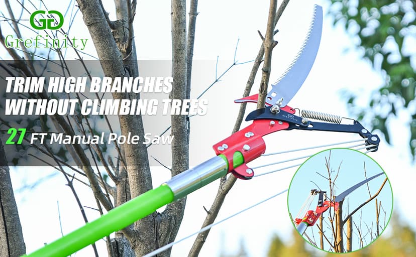 27FT Manual Pole Saw, Tree Branch Trimmer with 8-Section Fiberglass Handle, Sharp Steel Blade and Scissors, Lightweight Extendable Design for High Branch Trimming, Ideal for Palms and Shrubs