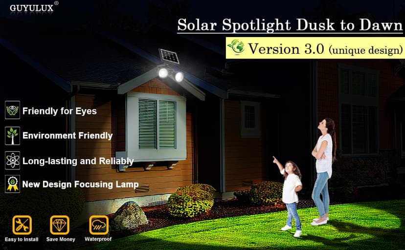 Solar Spotlight Outdoor Upgraded, Stay On All Night, 5000mAh LED Security Light Solar Powered, Exclusive Optical Solar Projector Light Auto On/Off Waterproof for Flag/Yard/House/Garden 2-Pack