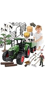Farm Toys Tractor with Trailer-16.5 Inches Tractor Playset 1/24 Scale Gripper Frontloader Spreader for Boys Kids Toddlers Age 3-7 Years Old