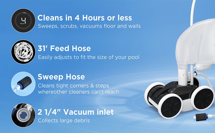 MAKHOON Upgrade Pool Pressure Side Sweeper: Professional Solution for Cleaning Your Swimming Pool (Four Wheels are Better Than Three)