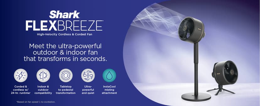 Shark FlexBreeze Fan - Indoor & outdoor oscillating fan, pedestal & tabletop, corded & cordless portable fan with outdoor InstaCool misting attachment - FA222