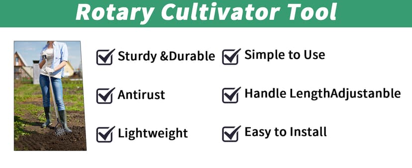 Rotary Garden Tool, Adjustable Hand Tiller, Long Handle Cultivator for Aerating, Weeding, Planting and Mixing Soil or Reseeding Grass