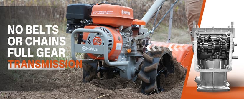 NOVUS18-Inch 212cc Dual Direction Rear Tine Tiller, Full Gear Transmission, Dual Rotating Tines, Airless Tires, Gas Tiller for Gardenig, Garden tillers Gas Powered