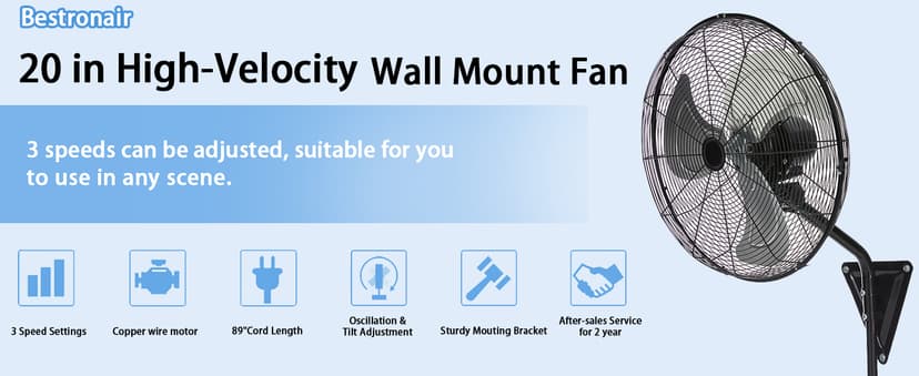 Wall Mount Fan Oscillating,Industrial Heavy Duty Metal 3 Speed Fan,20 Inch High Velocity Adjustable Tilt,Use for Garage, Shop,Warehouse, Patio, Factory and Homes.