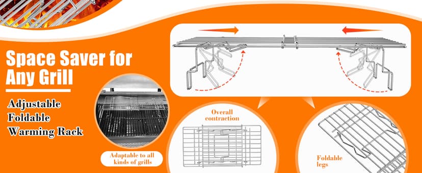Universal Grill Rack for Gas/Wood Pellet/Griddle/Smoker Grill, Adjustable Warming Rack for Expanded Cook Surface, Upper Rack with Foldable Leg Design, Adjustable Length 15.3-22.1 in, Stainless Steel