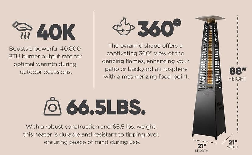 Fire Sense 66991 Pyramid Flame Patio Heater 40,000 BTU Outdoor Propane Heater Tower with Wheels - Black