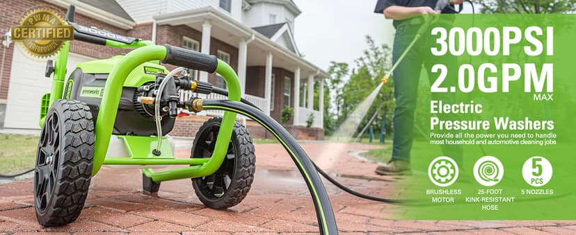 Greenworks 3000 PSI Pressure Washer (2.0 GPM Max) with Foam Cannon – Easily Remove Dirt and Grime on Siding, Fences, Patios,