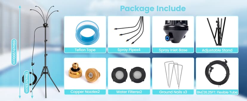 Standing Misters for Outside Patio - Adjustable 5.3FT Portable Misting System Cooling Outdoor 32.8Ft Stand Misting Long Water Line for Kids Mist Playing, Patio Cooling, Backyard, Porch, Sprinkler