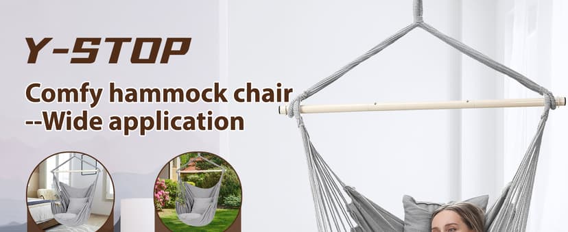 Y- Stop Hammock Chair Hanging Rope Swing Chair, Max 500 Lbs, 2 Seat Cushions Included, Removable Steel Spreader Bar with Anti-Slip Rings, Hardware kit-for Indoor or Outdoor(Light Grey)