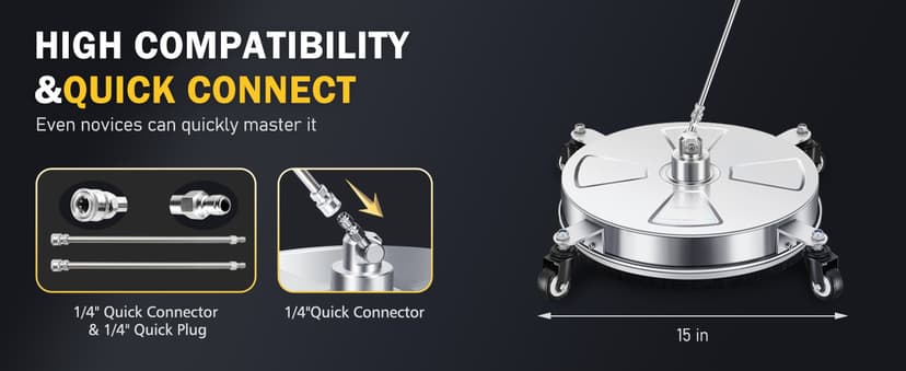 15" Pressure Washer Surface Cleaner with 4 Wheels - Stainless Steel Surface Cleaner for Pressure Washer Attachment for Concrete, Patio, Sidewalk, Deck, Driveways and Daily Washing - PWS 15