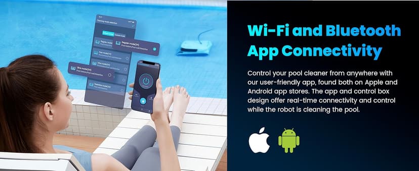 Hydro 4 Pool Robot, Pool Vacuum for Inground and Aboveground Pools, Floor, Wall and Waterline Cleaning and Scrubbing, Smart WiFi and Blutooth App Control, 50' Cord, Large Top Load Fine Filter Basket