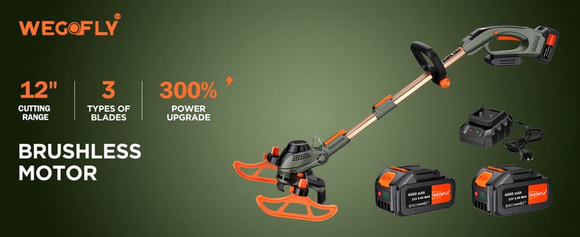 12-Inch Cordless String Trimmer & Edger, (2 x 21V 4.0Ah Electric Brush Cutter Battery Powered), with Auxiliary Bracket, Side Ball, 90° Rotary Head, Telescopic Handle, 3 Cutting Methods(WEG21T)