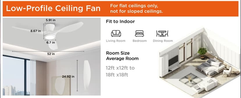 TALOYA 52 inch Ceiling Fans with Lights Remote Control, Modern Low Profile Ceiling Fan with Quiet Reversible DC Motor for Bedroom Living Room and Patio White