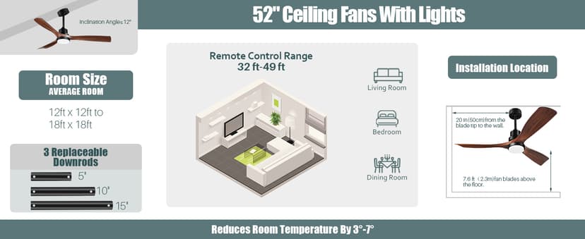 Ceiling Fans with Lights and Remote, 52 Inch Outdoor Ceiling Fan for Patios with Light 3 Downrods, 3 Blades Modern Ceiling Fan Noiseless Reversible DC Motor, Wood Fan for Farmhouse