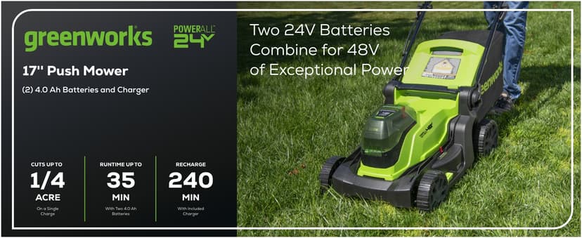 Greenworks 48V (2 x 24V) 17" Brushless Cordless (Push) Lawn Mower, (2) 4.0Ah Batteries and Dual Port Rapid Charger Included