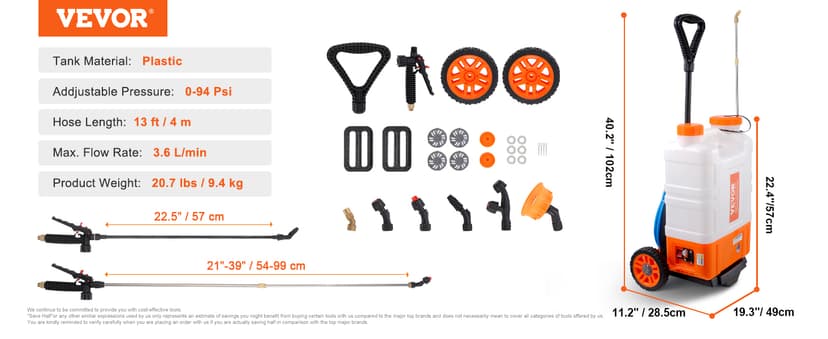 VEVOR 4 Gallon Battery Powered Backpack Sprayer with Wheeled Cart, Adjustable 0-94 PSI, 13FT Hose, 6 Nozzles, 2 Wands Included, Wide Mouth Lid for Weeding, Cleaning, Long Spray Time, White+Orange