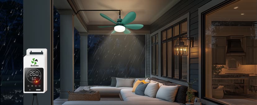 Solar Ceiling Fan Light with Battery, 20" Outdoor Ceiling Fans with Adjustable Thermostat & 2pcs 15W Bifacial Solar Panels, Solar Powered Fan for Gazebo, Chicken Coop, RV (Green)