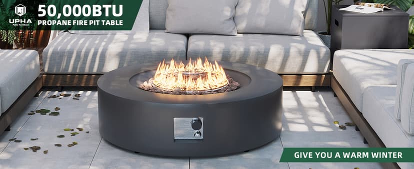 UPHA 42-inch Outdoor Propane Gas Fire Pit Table 50000 BTU Iron Round FirePit for Outside Patio with Tank Hidden Table, Removable Lid, Lava Rocks, Rain Cover, Grey