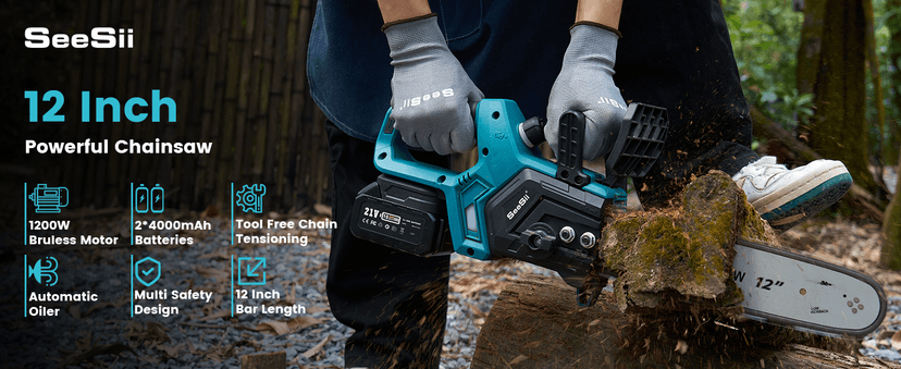 Seesii Chainsaw Cordless 12-inch, Electric HandHeld Chain Saw, 12-in Portable Chainsaw Battery Powered Saws for Trees Wood Cutting, 2 * 4.0Ah Battery and Charger Included, CH1200+