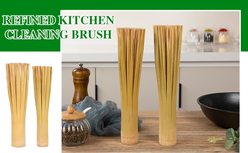 2 Packs,Bamboo Wok Brush, Refined Kitchen Cleaning Brush, Traditional Natural Bamboo Pot Brush, One Piece Structure,Powerfully Scrub Pots and Jars of Stains (Small, Flat Mouth)