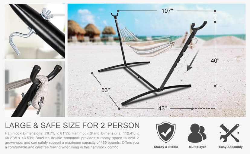 SUPER DEAL Portable 2 Person Hammock with 9FT Hammock Stand, 620 LBS Capacity Adjustable Hammock Bed with Space Saving Carrying Case Included for Camping Garden Backyard Patio Indoor Outdoor