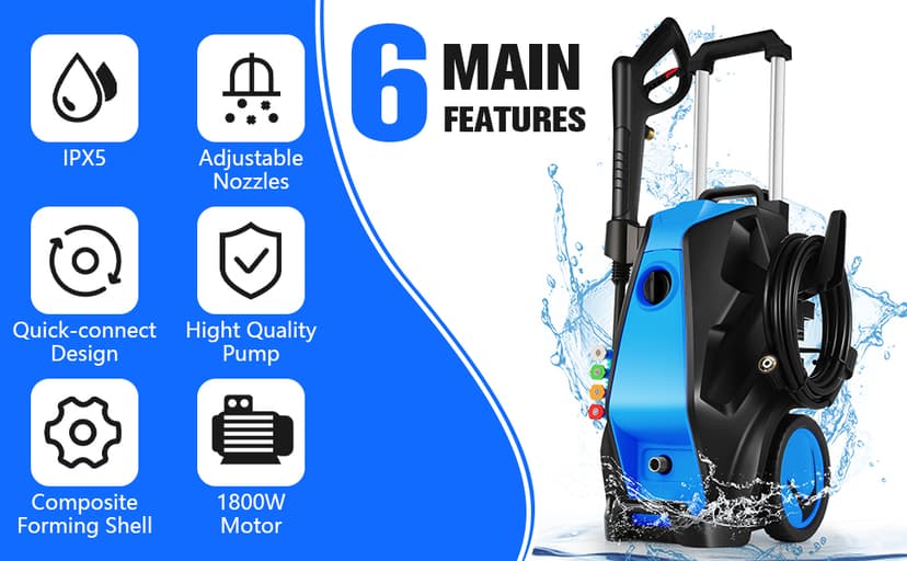 Electric Pressure Washer, 5000PSI 4.0GPM Heavy Duty Power Washer with 33 FT Extension Hose, 4 Quick Connect Nozzles and Foam Cannon for Cars/Fences/Driveways/Patios/Home Cleaning, Blue