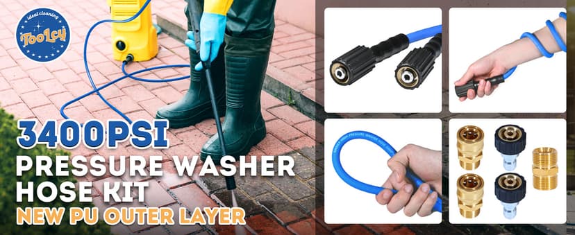 TOOLCY Wearproof Pressure Washer Hose 50ft, 3400 PSI Kink Resistant Power Washer Hose 1/4 in., Replacement Power Wash Hose with M22 and 3/8" Quick Connection Kit for Gas & Electric