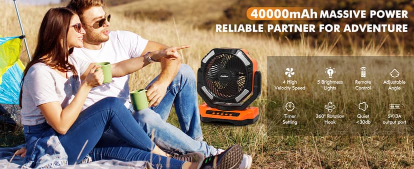 40000mAh Battery Operated Camping Fan, Rechargeable High Velocity Floor Fan, Auto Oscillation Remote Control Timer - Cordless Outdoor Fan for Car Travel RV Camp Garage Patio Hurricane Emergency